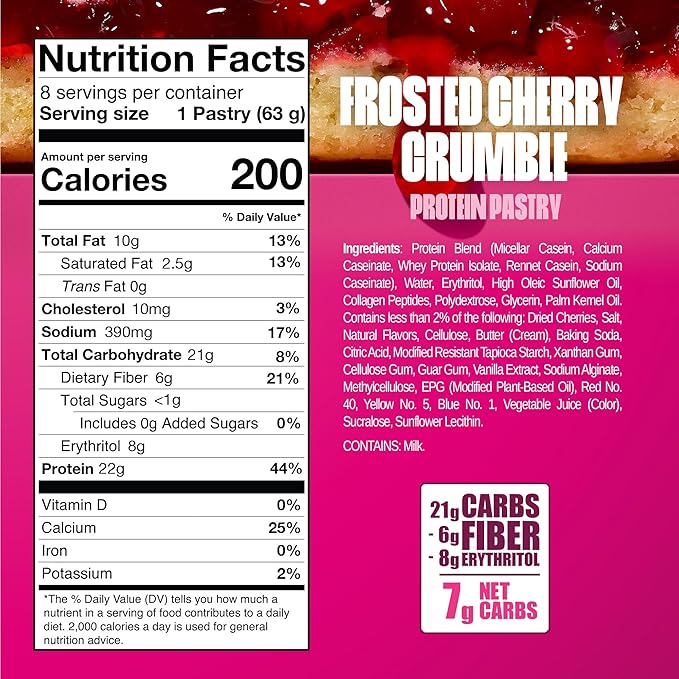 Legendary Foods 22g Protein Pastry 0g Added Sugar, Low Carb, Gluten Conscious, Keto Snack, Ideal for Glucose Management, Includes Whey Protein Isolate, 8 Pack Cherry Crumble