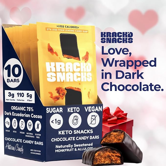 Krack’d Snacks Keto Chocolate Snack Bars 10 Pk | Handmade Low Carb, Sugar Free Dark Chocolates with Peanut Butter, Caramel Crunch, Allulose | Vegan, Non-GMO, Gluten Free Chocolate Candy Bar