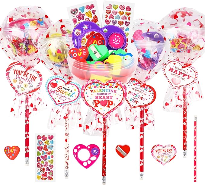 POPGIFTU Candy-Free Valentine’s Day Gifts for Kids – 28 Pack Giant Lollipop Stationery Valentines Kit with Cards, Pencils, Erasers, Rulers & Stickers –Classroom Valentine Cards for School Party Favors