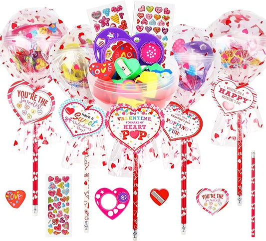 POPGIFTU Candy-Free Valentine’s Day Gifts for Kids – 28 Pack Giant Lollipop Stationery Valentines Kit with Cards, Pencils, Erasers, Rulers & Stickers –Classroom Valentine Cards for School Party Favors