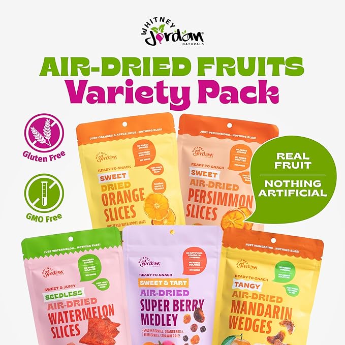 Whitney Jordan Naturals Air-Dried Fruit Variety Pack 2 Oz, Pack of 10 - Dried Fruit Snack with Watermelon, Persimmon, Orange, Super Berry Medley & Mandarin - No Sugar Added, Gluten-Free, Vegan