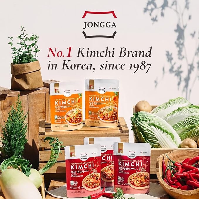 Spicy Premium Fermented Kimchi Napa Cabbage [ MINI Pouch Pack of 8] - [Extra Spicy] - (Gluten Free) | 0 Fat/ 0 Sugar/ 0 Cholesterol | Kimchi | Long Shelf Life | Perfect for Ramen & Stir-Fries - JONGGA