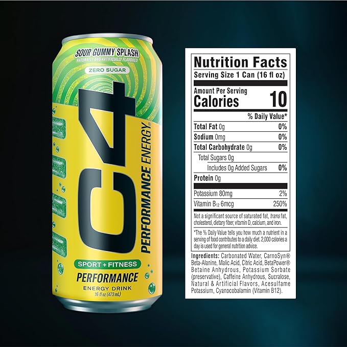 Cellucor C4 Energy Carbonated Zero Sugar Energy Drink, Pre Workout Drink + Beta Alanine, Sour Gummy Splash, 16 Fl Oz (Pack of 24)