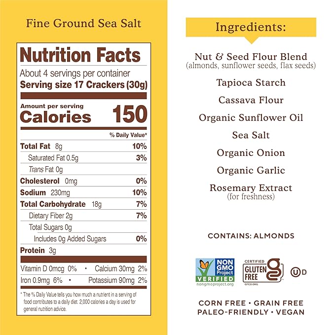 Simple Mills Almond Flour Crackers, Fine Ground Sea Salt - Gluten Free, Vegan, Healthy Snacks, 4.25 Ounce (Pack of 4)