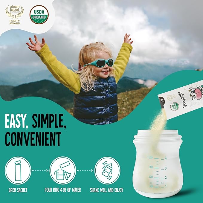 Voyager Toddler Milk On The Go, USDA Organic Shelf Stable Whole Milk Powder, Great for Travel, No Refrigeration, Gluten Free with No GMO's and No Antibiotics for Kids, 16 Sachets of 15g