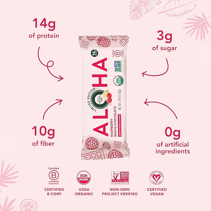 ALOHA Organic Plant Based Protein Bars | Raspberry White Chocolate | 12 Count, 1.98oz Bars | Vegan, Low Sugar, Gluten Free, Paleo, Low Carb, Non-GMO, Stevia Free, Soy Free, No Sugar Alcohol Sweeteners: LIMITED EDITION
