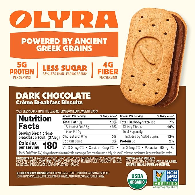 Olyra Dark Chocolate, Sandwich Breakfast Biscuits, Healthy Snacks for Adults and Kids, Low Sugar, High Fiber, Organic Vegan Cookies, with Ancient Greek Grains, USDA Certified Organic, Non GMO, 24 Packs