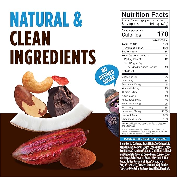 Blue Stripes - Trail Mix, Dark Chocolate Coconut, Mixed Nuts, Healthy Snacks for Adults, Cashews, Whole 70% Cacao, With Unrefined Sugar, Non GMO, Gluten Free, Vegan - 4 Pack, 8 oz