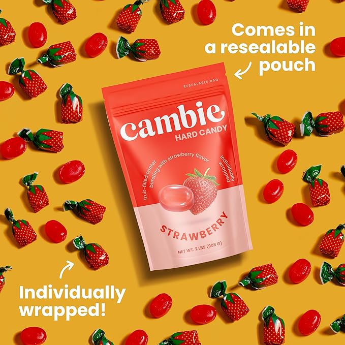 Strawberry Hard Candy Individually Wrapped by Cambie, 2 lbs of Strawberry Candy with a Deliciously Sweet Hard Exterior with a Soft, Fruit-Filled Center