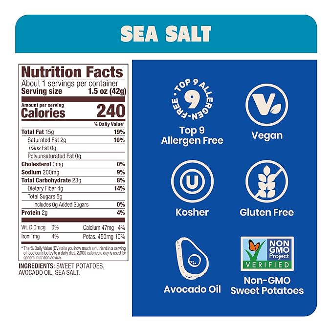 Jackson’s Sweet Potato Kettle Chips with Sea Salt made with Premium Avocado Oil (1.5 Ounce, Pack of 28) - Allergen-friendly, Gluten Free, Peanut Free, Vegan, Paleo Friendly - Shark Tank Product