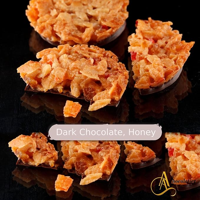 Andy Anand Dark Chocolate Florentines 24 pcs Orange and Almonds Cookies, Wafer Thin, Flown in from Italy, Made in Authentic Traditional Italian way, Taste in Every Bite (7.0 oz)