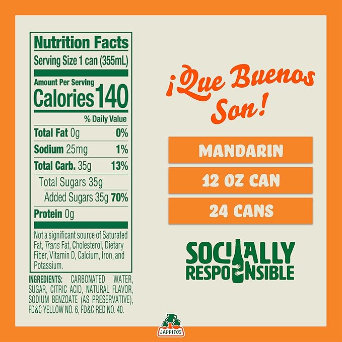 Jarritos - Mexican Soda Soft Drinks, Mandarin (12 oz, 355ml) 24 Cans (3 Boxes of 8) - Real Cane Sugar - 0g Fat - Made in Mexico - Natural Flavor Soda Pop - Party & BBQ Beverages