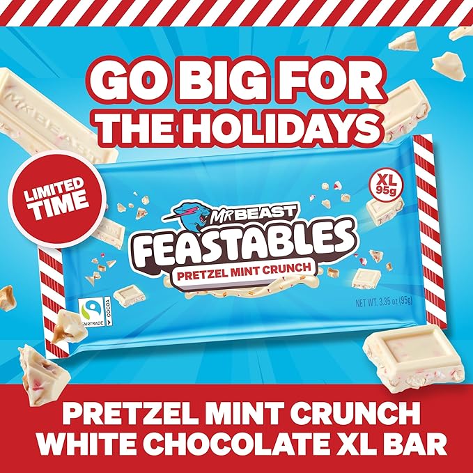 Feastables MrBeast Pretzel Mint Fudge Crunch Bar, Extra Large Size Candy Bar for Adults & Kids, Candy Bars for Snacks, Gifts, or Dessert, Made With Fairtrade Cocoa, 3.35 Oz Each, 12 Count