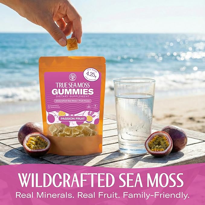 True Sea Moss Gummies – High Potency 4250mg Wildcrafted Irish Sea Moss Gel Extract per Serving + Passion Fruit Flavor – With Coconut Sugar & Real Fruit Purée – 30 Gummies (30 Servings)