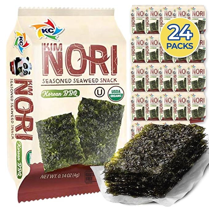 KIMNORI Seasoned Seaweed Snacks Sheets – Organic Korean BBQ Flavor 24 Individual Packs, Roasted Crispy Premium, 100% Natural Laver, Kim Nori 4g 0.14 Ounce