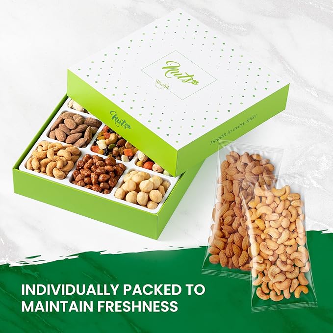 NUTS U.S. Dried Fruits & Nuts Gift Basket – 9-Variety Healthy Sweet & Salty Snack Box – Gourmet Assortment for Christmas, New Year, Birthday, Anniversary, Valentine’s Day & Corporate Gifts