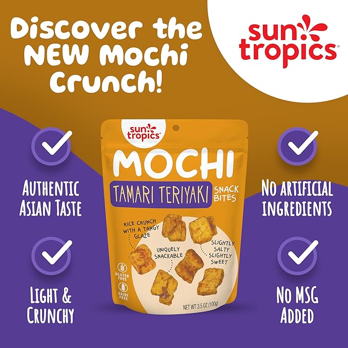 Sun Tropics Mochi Snack Bites Tamari Teriyaki Flavor, 3.5 oz (Pack of 6) | Crispy Crunchy Mochi Rice Bites | Gluten Free, Dairy Free, No MSG Added Asian Rice Snacks