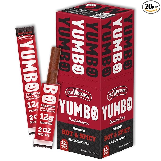 Old Wisconsin Yumbo Summer Sausage Snack Sticks, Ready to Eat, High Protein, Low Carb, Keto, Gluten Free, 20 Individually Wrapped 2oz Sticks, Hot & Spicy Flavor