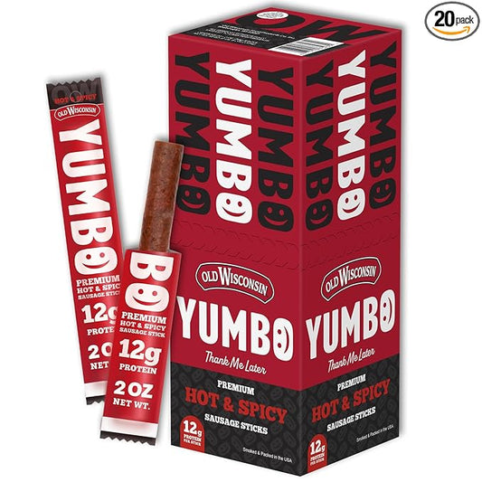 Old Wisconsin Yumbo Summer Sausage Snack Sticks, Ready to Eat, High Protein, Low Carb, Keto, Gluten Free, 20 Individually Wrapped 2oz Sticks, Hot & Spicy Flavor