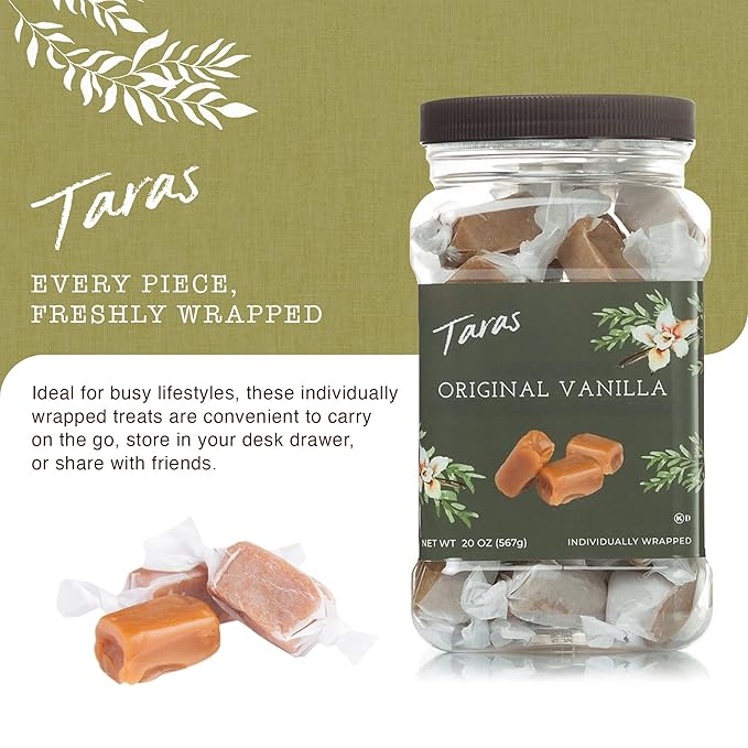 Taras Gourmet Vanilla Caramels | All Natural Candy | Creamy & Individually Wrapped with Real Butter (20 oz)