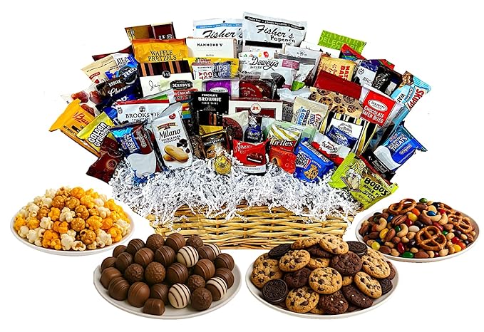 Handcrafted Gift Basket with Chocolates, Cookies, Snacks & Candy. Perfect for Birthdays, Sympathy, Holidays, Clients & Thank You Gifts (Platinum Plus: $174.99, Designers Choice)