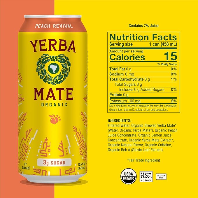 Yerba Madre Organic Yerba mate Energy Drink Alternative, Peach Revival, Low Sugar, 150mg Natural Plant Based Caffeine, Smooth Energy & Focus, No Jitters or Crash, 15.5 Oz (Pack of 12), Packaging May Vary