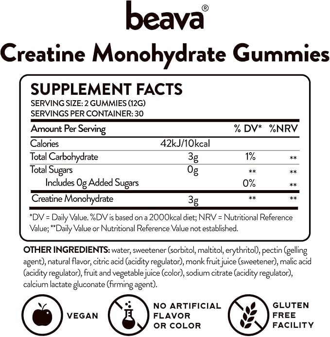 Creatine Monohydrate Gummies - 30 Servings - Vegan Creatine Chews for Muscle Growth, Muscle Recovery, Workout Recovery, Anaerobic Endurance - No Loading Phase - No Bloating - Strawberry - No Sugar