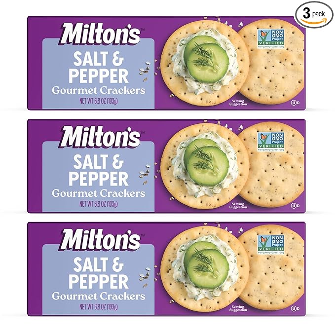 Milton's Gourmet Crackers, Salt & Pepper - Non-GMO Project Verified, Natural Ingredients, Kosher, Great for Charcuterie Boards - 6.8 Oz, Pack of 3