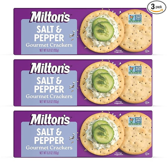 Milton's Gourmet Crackers, Salt & Pepper - Non-GMO Project Verified, Natural Ingredients, Kosher, Great for Charcuterie Boards - 6.8 Oz, Pack of 3