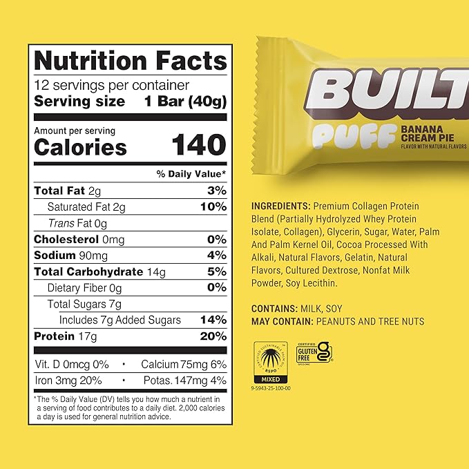 Built Bar, Puff Protein Bars, Banana Cream Pie Puff, 17g Protein Snacks, On-The-Go Bars, Only 140 Calories, 7g Sugar, Collagen, Gluten Free, 12 Count