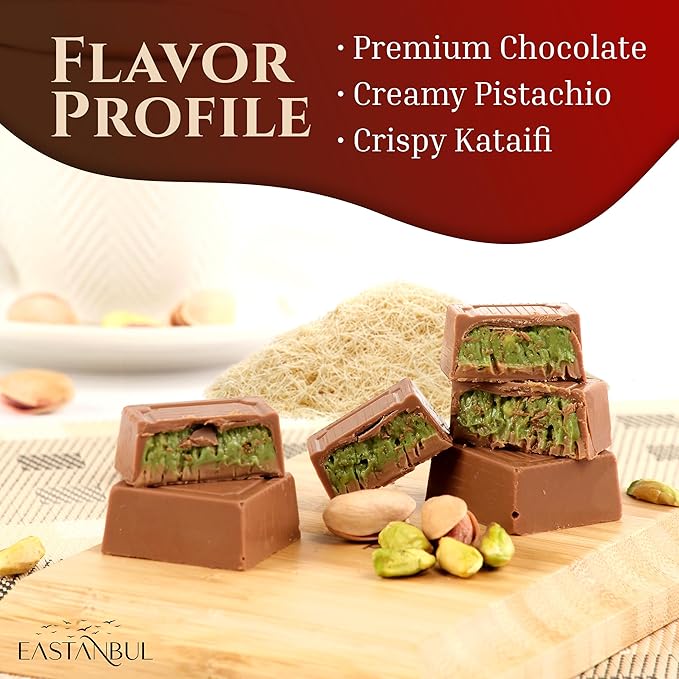 Eastanbul Dubai Chocolate Bar Pistachio, 11.3oz, Premium Pistachio Dubai Chocolate Bar, 16 Pieces Bites with Shredded Phyllo Dough, Knafeh, Viral Candy, Gift Box