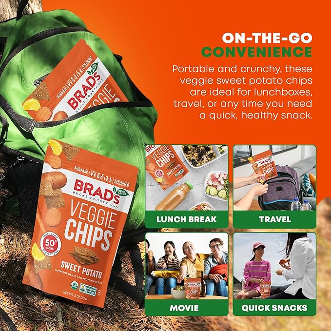 Brad’s Plant-Based - Organic Veggie Sweet Potato Chips - Delicious Healthy Snacks - High Protein & High Fiber Snacks - Low Carb - Organic Veggie On-the-Go Sweet Potato Chips - 3 Oz (Pack of 5)