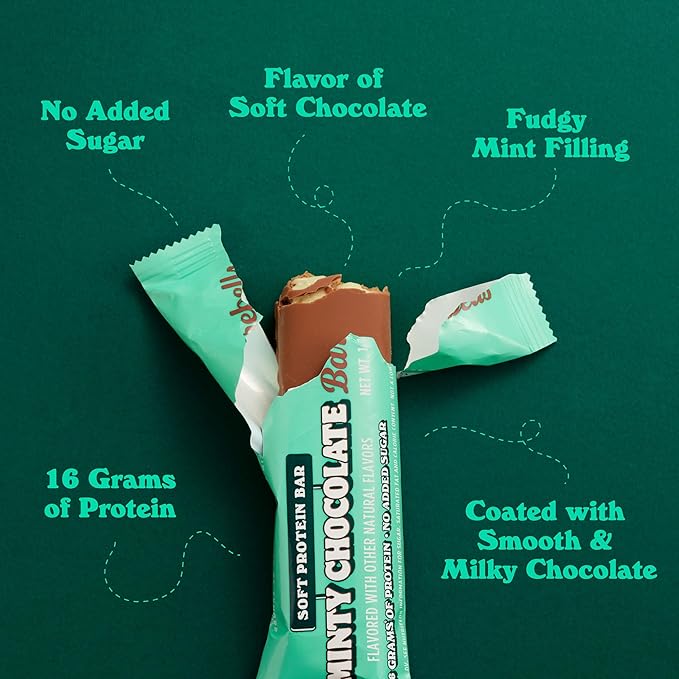 Barebells Soft Protein Bars, Minty Chocolate - 12 Count, 16g High Protein Treats - Chocolate Nutrition Bar with 1g Total Sugars - On The Go Breakfast or Post-Workout Snack