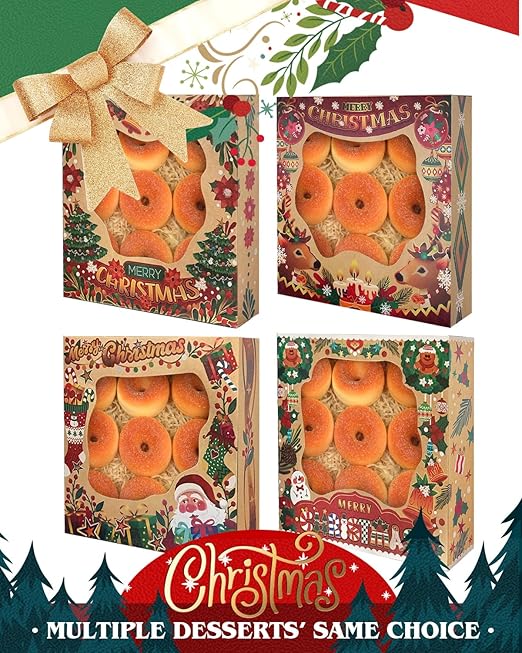qiqee Christmas Kraft Cookie Boxes with Window 12packs 8x8x2.5 Inch Bakery Box Pastry Box for Christmas