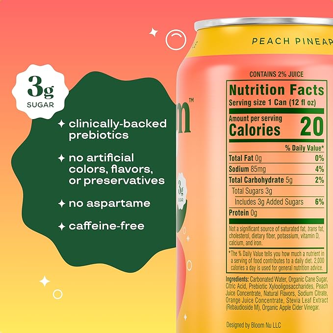 Bloom Pop Prebiotic Soda 12 Pack, Peach Pineapple, 12oz Cans | Prebiotic Soda for Gut Health, Low Calorie Soda, No Caffeine, Healthy Soft Drink Alternative