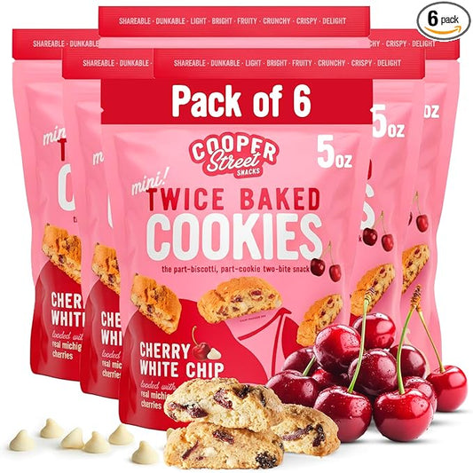 COOPER STREET Twice Baked Cherry White Chip Biscotti Cookies - Crispy Mini Biscotti Cookies Ideal with Coffee - Traditional Low Calorie Italian Snacks - Kosher, Dairy, Peanut & Soy Free (6 Pack)