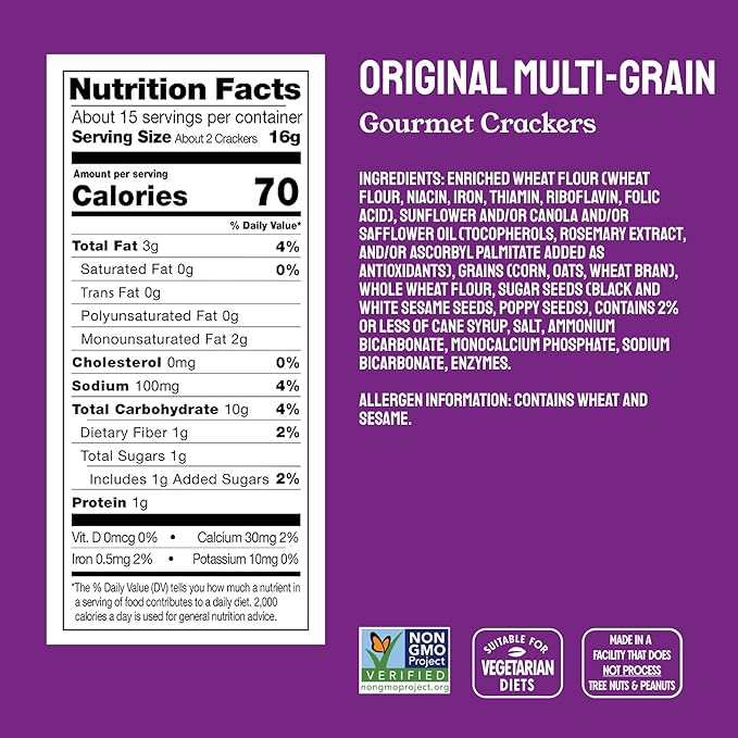 Milton's Gourmet Crackers, Original Multi-Grain - Non-GMO Project Verified, Natural Ingredients, Kosher, Great for Charcuterie Boards - 8.4 Oz, Pack of 4