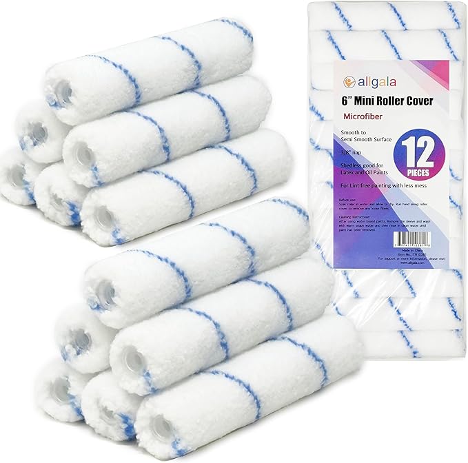 Allgala Mini Paint Roller 6" Mini 3/8" Nap Shedless Microfiber Roller Cover for Door Trim Furniture Cabinets - 12 Pack