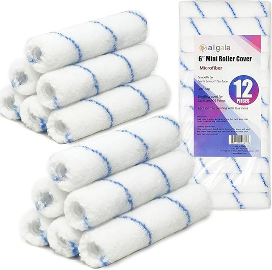 Allgala Mini Paint Roller 6" Mini 3/8" Nap Shedless Microfiber Roller Cover for Door Trim Furniture Cabinets - 12 Pack