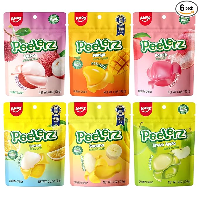 Amos Peelerz Gummy Candy Variety Pack – 6 Fruit Flavors (Mango, Banana, Lychee, Peach, Green Apple, Lemon) – Soft & Chewy Fruit Snacks with Real Juice – Fun Peelable Candy for Kids & Adults, 6 Bags