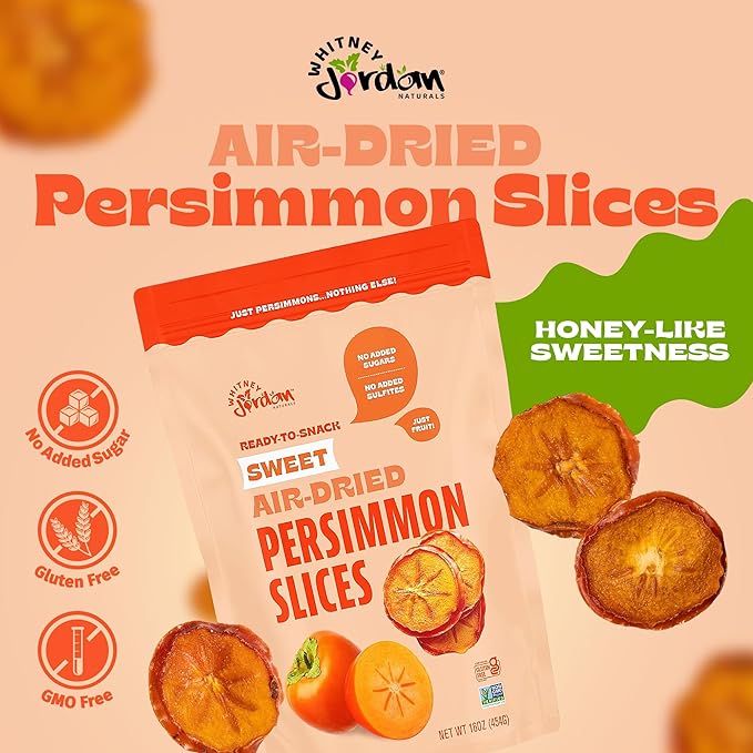 Whitney Jordan Naturals Air-Dried Persimmon Slices 16 Oz, Pack of 2 - Dried Fruit Snack Made from Real Persimmons - No Sugar Added, Gluten-Free, Vegan, Chewy Real Fruit for Clean Snacking