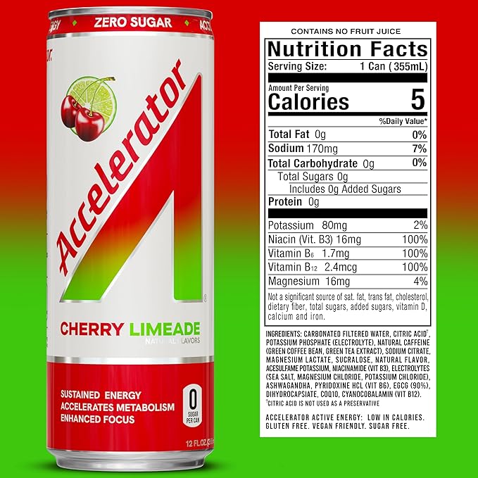 Accelerator Energy Drink, Cherry Limeade 12oz can (12 pack), Zero Sugar, Sustained Energy from 100% Natural Caffeine (200mg from Green Coffee Bean & Green Tea extract)