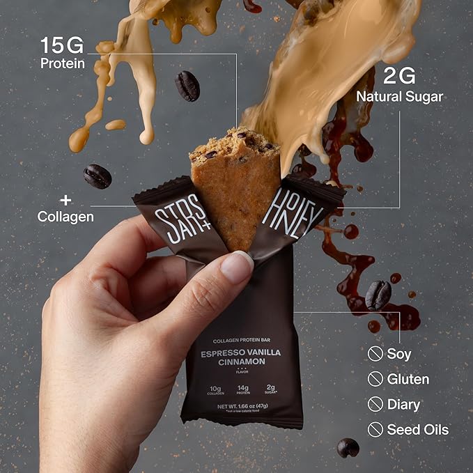 Stars + Honey Protein Bars - Espresso Vanilla Cinnamon,15g Protein, 2g Sugar, w/Collagen Keto Friendly Snack - Gluten, Dairy, Seed Oil, & Soy Free - High-Protein Snacks for Energy & Recovery -10 pack