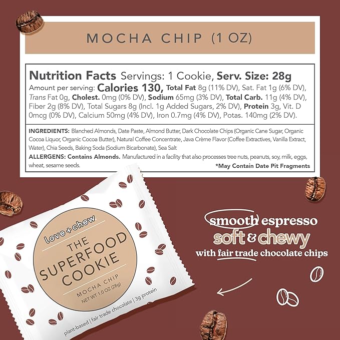 Love + Chew Mini Vegan Cookies, Gluten Free, 3g Plant Based Protein Per Cookie with Dark Chocolate and Coffee, Healthy Snacks for Adults, Individually Wrapped Cookies, Mocha Chip, 18 Pack