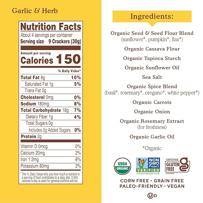 Simple Mills Organic Seed Crackers, Garlic & Herb - Gluten Free, Vegan, Healthy Snacks, Paleo Friendly, 4.25 Ounce (Pack of 6)