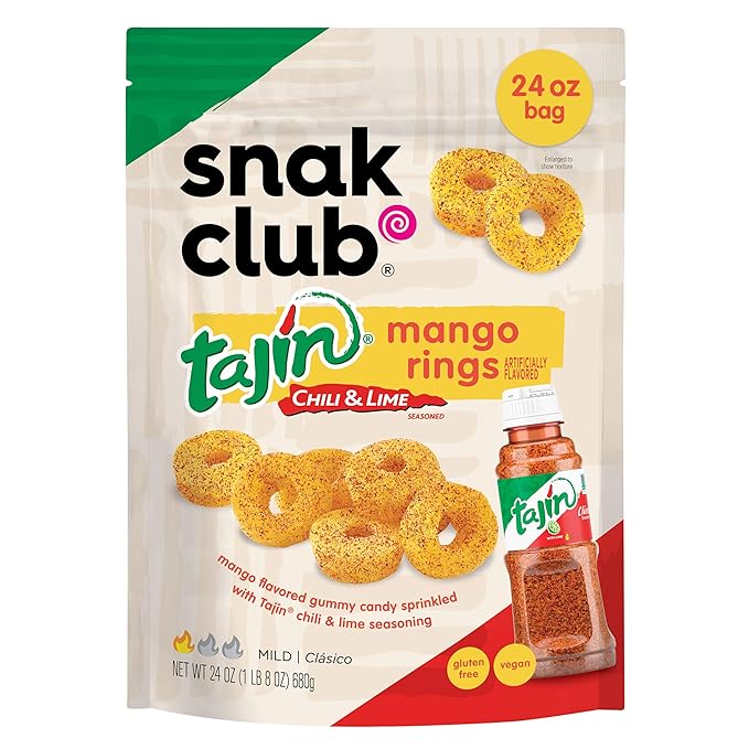 Snak Club Tajin Mango Rings Gummy Candy, Fruit Candy Gummies with Chili and Lime Seasoning, Mild, Gluten-Free and Vegan Snacks, 24 oz Resealable Bag