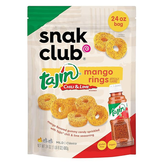Snak Club Tajin Mango Rings Gummy Candy, Fruit Candy Gummies with Chili and Lime Seasoning, Mild, Gluten-Free and Vegan Snacks, 24 oz Resealable Bag