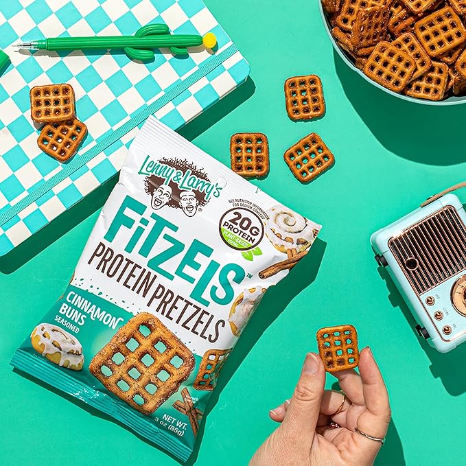 Lenny & Larry's FITZELS Protein Pretzels (Cinnamon Buns) 8 Individual Bags 3 oz Each – High Protein Snacks with 20g of Plant Based Protein – Healthy Vegan Pretzels – Delicious Salty Taste