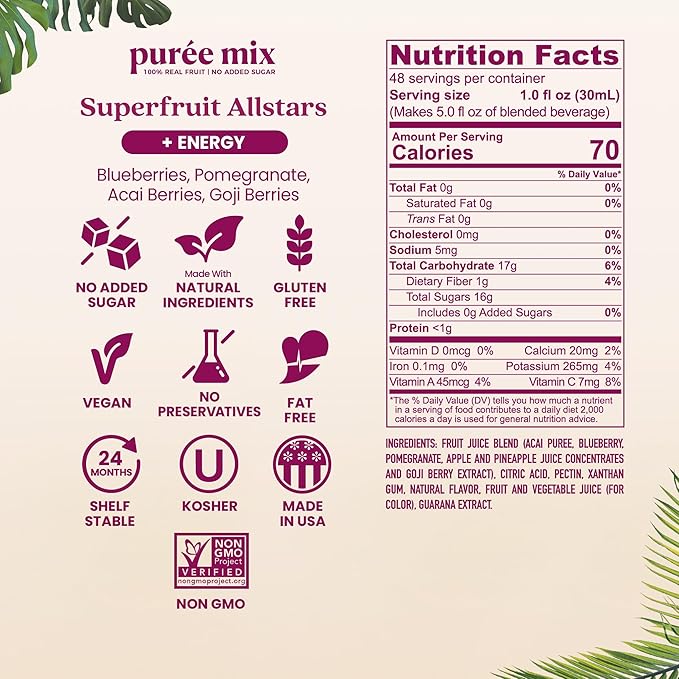 Smartfruit Superfruit All-Stars + Energy – 100% Real Fruit Purée with Blueberry, Pomegranate, Acai & Goji Berries – Great for Smoothies, Juice, Yogurt, Cocktails, Teas & More – 2-Pk, 48oz Each