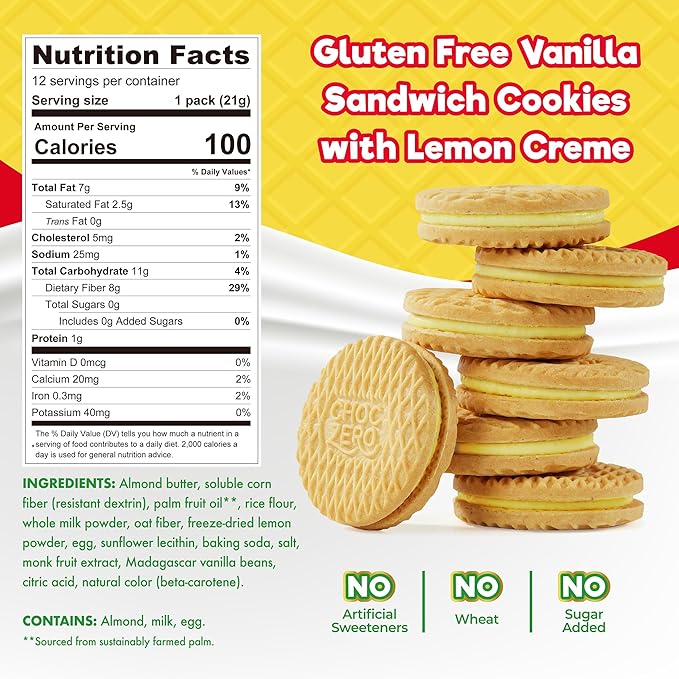 ChocZero Lemon Dunkies – Sugar Free Lemon Sandwich Cookies, Keto Friendly, Gluten Free, High Fiber, Low Net Carb – 9oz Box
